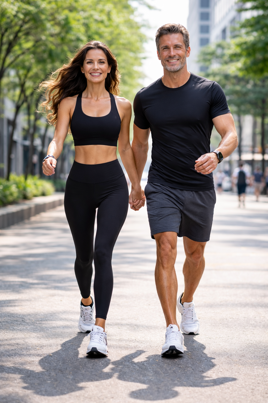 Fit man and woman walking confidently outdoors