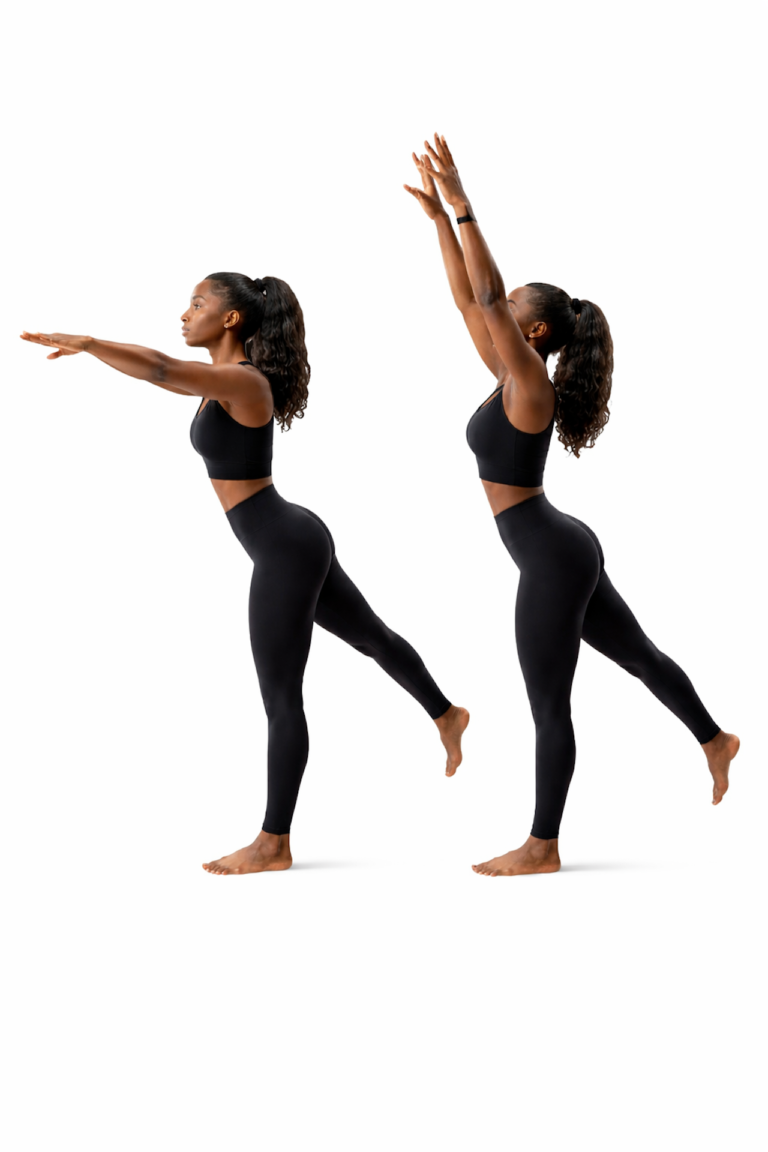 Two positions in a controlled arabesque movement sequence.